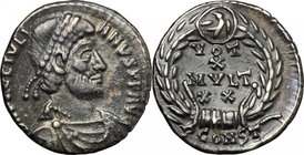 Julian II (360-363). AR Reduced siliqua, Arelate mint, 360-363. D/ Bust right, diademed, draped, cuirassed. R/ VOT/X/MVLT/XX within wreath with medall...
