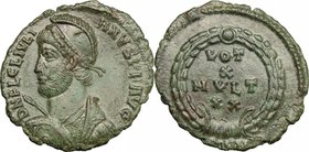 Julian II (360-363). AE 20mm, Sirmium mint, 361-363. D/ Bust left, diademed and helmeted, cuirassed, holding spear and shield. R/ VOT/X/MVLT/XX within...