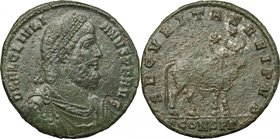 Julian II (360-363). AE 27mm, Constantinople mint, 361-363. D/ Bust right, diademed, draped, cuirassed. R/ Bull standing right; above, two stars. RIC ...