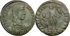 Gratian (367-383). AE 22mm, Siscia mint, 378-383. D/ Bust right, diademed, draped, cuirassed. R/ Emperor standing left, raising kneeling turreted woma...