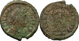 Theodosius I (379-395). AE 23mm, Heraclea mint, 392-395. D/ Bust right, diademed, draped, cuirassed. R/ Emperor standing facing, head right, holding s...