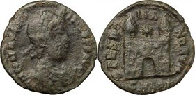 Magnus Maximus (383-388). AE 13mm, Treveri mint, 383-388. D/ Bust right, diademed, draped, cuirassed. R/ Camp gate with two turrets; above, star. RIC ...