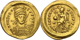 Theodosius II (402-450). AV Solidus, Constantinople mint, 441-450. D/ Bust facing, helmeted and diademed, cuirassed, holding spear and shield. R/ Cons...