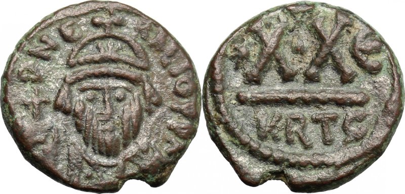 Heraclius (610-641). AE 20 Nummi, Carthage mint, 622-623. D/ Bust facing, crowne...