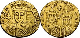 Theophilus (829-842). AV Solidus, 831-840. D/ Bust facing, crowned, holding scepter with patriarchal cross. R/ Busts of the late Michael II and the la...