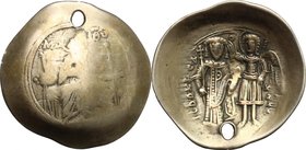 Isaac II Angelus (1185-1195). EL Aspron Trachy, 1185-1195. D/ The Virgin Mary enthroned facing, before Her, nimbate head of the infant Christ. R/ Empe...