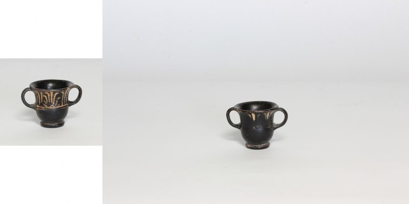 Greek miniature krater.
 A ceramic blackware miniature bell krater with flared ...