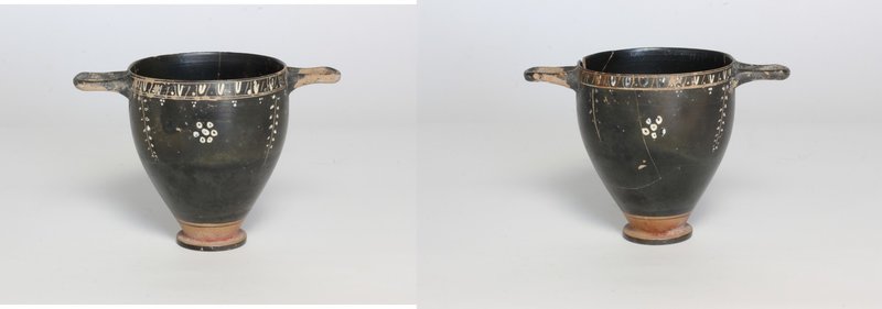 Gnathian skyphos.
 Large tapering body with graffito and added white decoration...