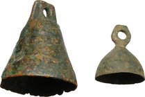 Two bronze "tintinnabula".
 Roman period, 1st-3rd century AD.
 H: 37 mm, 24 mm.