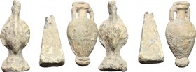 Lot of 3 "groma" weights.
 Roman period, 1st-3rd century AD.
 40 mm, 30 mm, 40 mm high. In the building of a Castra, after having flattened the grou...