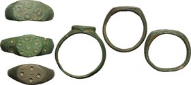 Lot of 3 bronze rings with engraved bezels.
 Roman period, 1st-5th century AD.
 Sizes: 23 mm, 18.5 mm, 18 mm.