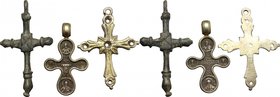 Lot of 3 cross-pendants.
 Bronze and silver.
 Middle ages.
 46 x 26 mm, 34 x 22 mm, 40 x 30 mm.