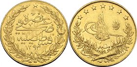 Ottoman Empire. Abdul Hamid II (1293-1327 AH / 1876-1909 AD). AV 100 Kurush, dated 1293/26. KM 730. AV. g. 7.12 mm. 22.00 Good VF.