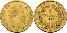 France. Napoleon III (1852-1870). AV 5 Francs 1857, Paris mint. KM 787.1. AV. g. 1.59 mm. 17.00 About VF.