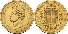 Italy. Carlo Alberto (1831-1849). AV 20 Lire 1834, Torino mint. KM 131.2. AV. g. 6.40 mm. 21.00 VF.