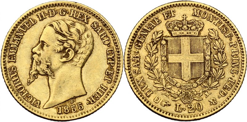 Italy. Vittorio Emanuele II (1849-1861). AV 20 Lire 1855, Torino mint. KM 146.1....