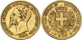 Italy. Vittorio Emanuele II (1849-1861). AV 20 Lire 1855, Torino mint. KM 146.1. AV. g. 6.43 mm. 21.00 VF.