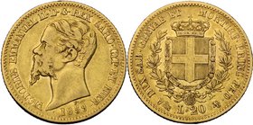 Italy. Vittorio Emanuele II (1849-1861). AV 20 Lire 1859, Genova mint. KM 146.2. AV. g. 6.41 mm. 21.00 About VF.