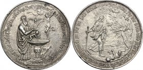 Germany. AR Baptismal Medal, Augsburg mint, 1718. D/ Priest baptizing baby; over child, the Holy Spirit as dove; to right, Christ on the cross. R/ Chr...