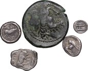 Greek Italy. Multiple lot of five (5) unclassified AR-AE coins, including: Poseidonia-Paestum, Thurium, The Brettii and Kroton. AR/AE. Good F: About V...