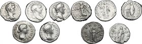 Roman Empire. Multiple lot of five (5) unclassified AR Denarii, including: Antoninus Pius, Trajan, Faustina I, Septimius Severus and Faustina II. AR. ...