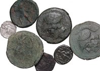 Miscellaneous. Multiple lot of seven (7) Ar and AE coins, including Bruttium, Theodosius I, Roger II. AE. Good F.