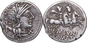 145 aC. Familia Junia. Auxiliar de Roma. Denario. FFC 778. Ag. 3,87 g. MBC. Est.120.