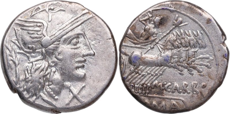 121 aC. Familia Papiria. Ceca Auxiliar de Roma. Denario. FFC 959. 3,90 g. Atract...