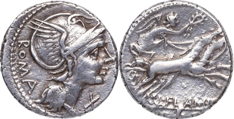 109-108 aC. Familia Flaminia. Norte de Italia. Denario. FFC 708. Ag. 3,97 g. Atr...
