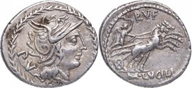 101 aC. Familia Lucilia. Norte de Italia. Denario. FFC 821 . Ag. 3,90 g. EBC. Est.140.