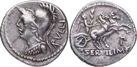 100 aC. Familia Servilia. Norte de Italia. Denario. FFC 1118. Ag. 4,02 g. MBC+. Est.135.