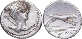 74 aC. Familia Postumia. Roma. Denario. FFC 1073. 3,69 g. Escasa. EBC-. Est.150.