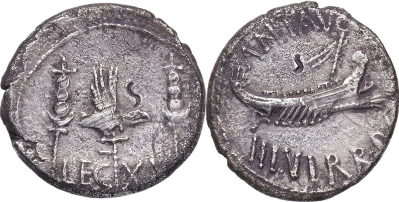 Marco Antonio (47-44 aC). LEGION XX. Ceca volante. Denario. FFC 59. Ag. 3,79 g. ...