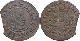 1664. Felipe IV (1621-1665). Segovia. 16 maravedís. B. J&S M-530. Ae. 3,06 g. Ligera Fractura. MBC+. Est.30.