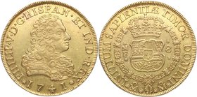 1741. Felipe V (1700-1746). México. 8 Escudos. MF. Cy 148. Au. 27,02 g. Muy bella. Restos de Brillo Original. Rara. EBC+ / EBC. Est.4572.