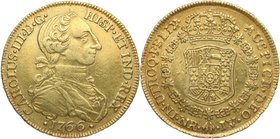 1766. Carlos III (1759-1788). Nuevo Reino. 8 escudos. JV. Cy 60. Au. 26,92 g. Insignificantes marquitas. Muy rara. EBC. Est.6000.