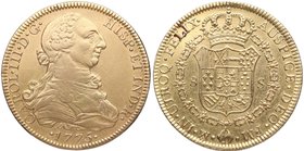 1775. Carlos III (1759-1788). México. 8 Escudos. FM. Cy 62. Au. 26,99 g. Atractiva. Marca de ceca y ensayador invertidas. Rara. EBC-. Est.2000.