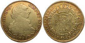1788/7. Carlos III (1759-1788). Popayán. 8 Escudos. SF. Cy 62. Au. 26,90 g. Sobrefecha muy visible. Escasa. MBC+. Est.1350.