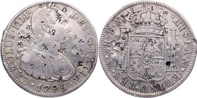 1795. Carlos IV (1788-1808). México. 8 reales. FM. Cy 39. 26,71 g. Resellos chinos en anverso y reverso (chopmarks). MBC. Est.80.