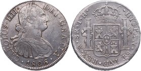 1806. Carlos IV (1788-1808). México. 8 Reales. TH. Cy 49. Ag. 26,98 g. Atractiva. Escasa. EBC-. Est.120.