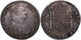 1806. Carlos IV (1788-1808). Potosí. 8 Reales. PJ. Cy 49. Ag. 26,93 g. Escasa. MBC+. Est.110.