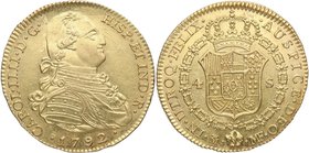 1792. Carlos IV (1788-1808). Madrid. 4 Escudos. MF. Cy 47. Au. 13,34 g. Muy bella. Brillo Original. Muy escasa. SC / SC-. Est.1300.