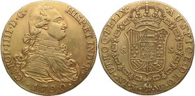 1790. Carlos IV (1788-1808). Madrid. 8 Escudos. MF. Cy 49. Au. 26,92 g. Muy atractiva. Rara. EBC. Est.2750.