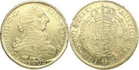 1803. Carlos IV (1788-1808). Santiago. 8 Escudos. FJ. Cy 51. Au. 26,96 g. Insignificante hojita en reverso. Brillo Original. Escasa y más así. SC-. Es...