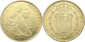 1806. Carlos IV (1788-1808). México. 8 Escudos. TH. Cy 49. Au. 27,08 g. Parte de brillo original. Atractiva. EBC / EBC+. Est.1600.
