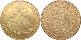 1808. Carlos IV (1788-1808). Potosí. 8 Escudos. PJ. Cy 49. Au. 27,02 g. Bonito color. Restos de Brillo Original. Último año. EBC. Est.1700.