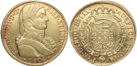 1808. Fernando VII (1808-1833). Santiago. 8 Escudos. FJ. Cy 278. Au. 27,03 g. Atractiva. Con punto delante de FJ e IND. EBC. Est.2750.