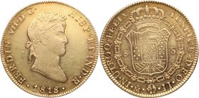 1818. Fernando VII (1808-1833). México. 8 escudos. JJ. Cy 291. Au. 27,05 g. Gran parte de Brillo Original. Rara y más así. EBC+. Est.2200.