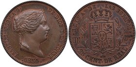 1854. Isabel II (1833-1868). Segovia. 25 céntimos de Real. Cy 14. Cu . Muy bella. Parece una Prueba. SC . Est.450.