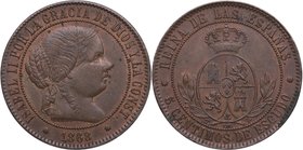 1868. Isabel II (1833-1868). Barcelona. 5 céntimos de Escudo. Cy 21. Ae. 12,26 g. EBC / MBC+. Est.50.